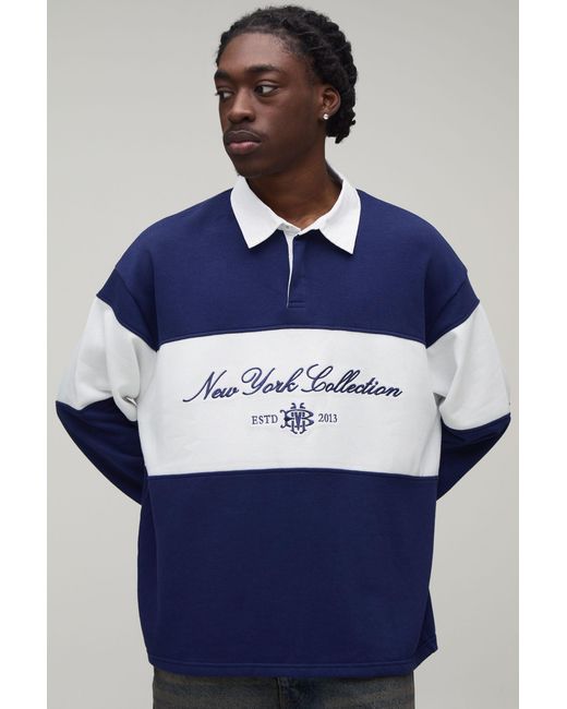 BoohooMAN Blue Oversized New York Embroidered Stripe Rugby Polo for men