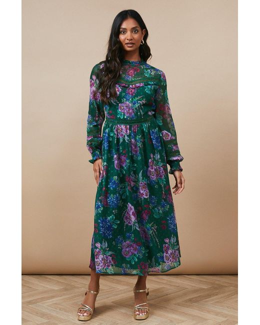 Oasis Blue Occasion Floral Glitter Lace Trim Midi Dress