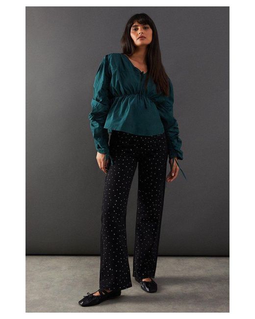Warehouse Blue Cotton Tie Front Volume Sleeve Blouse