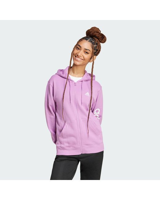 Adidas Pink Essentials Linear Full-Zip French Terry Hoodie