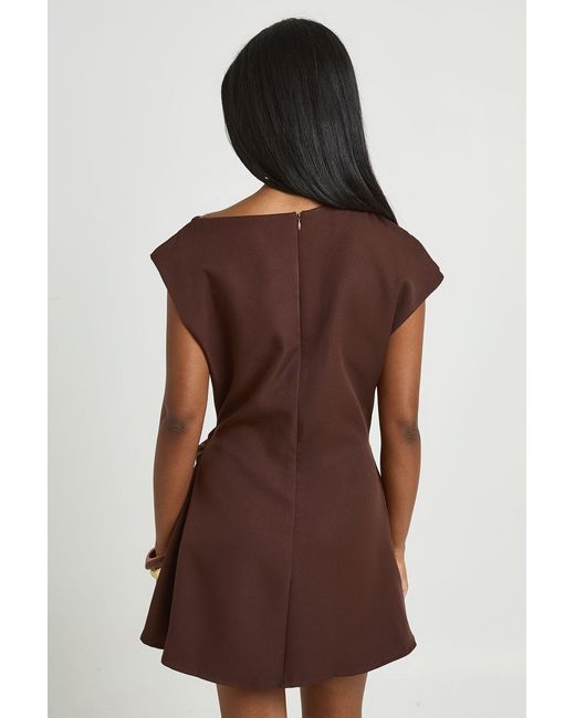 Boohoo Brown High Asymmetric Neck Ruched Waist Mini Dress