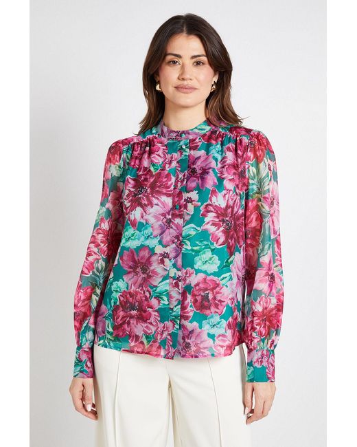 Wallis Red Floral Organza Collarless Shirt