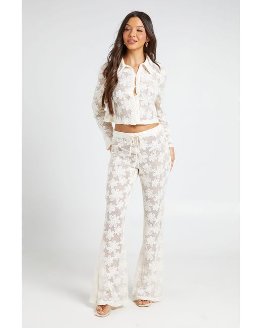 Boohoo White Ditsy Crochet Flare Trousers