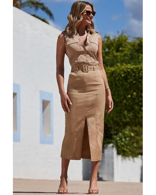 Sosandar Green Camel Belted Midi Skirt