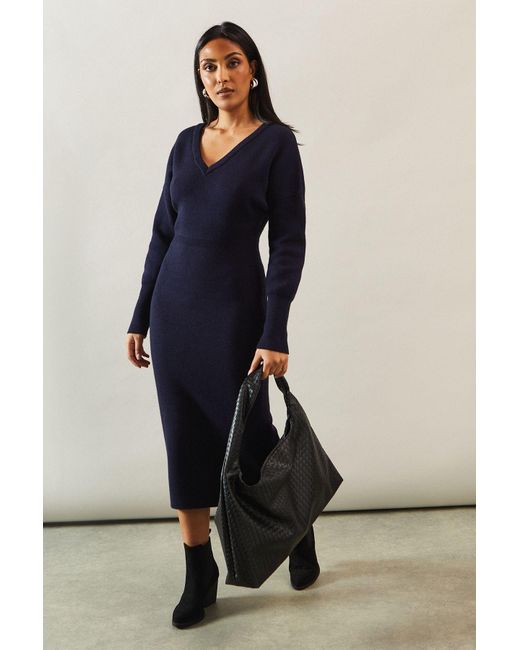Wallis Petite V Neck Batwing Midi Jumper Dress in Blue | Lyst UK