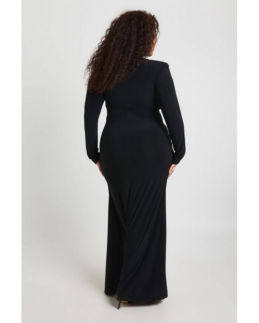 Boohoo Black Plus Shoulder Pad Long Sleeve Draped Skirt Detail Maxi Dress