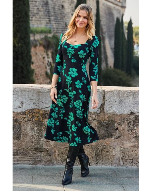 Sosandar Black Floral Print Sweetheart Neckline Midi Jersey Dress