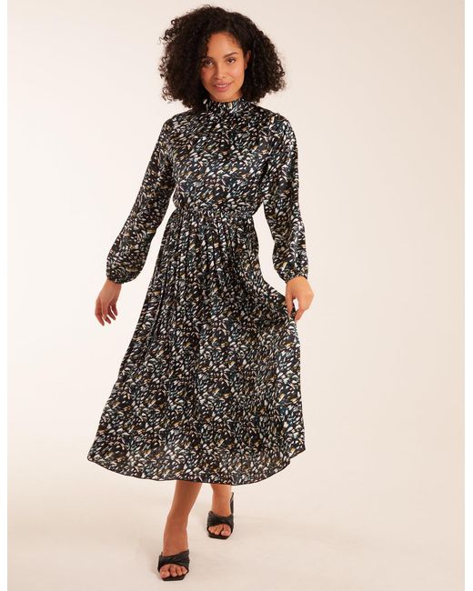Blue Vanilla Black Abstract Animal Print High Neck Blouson Midi Dress