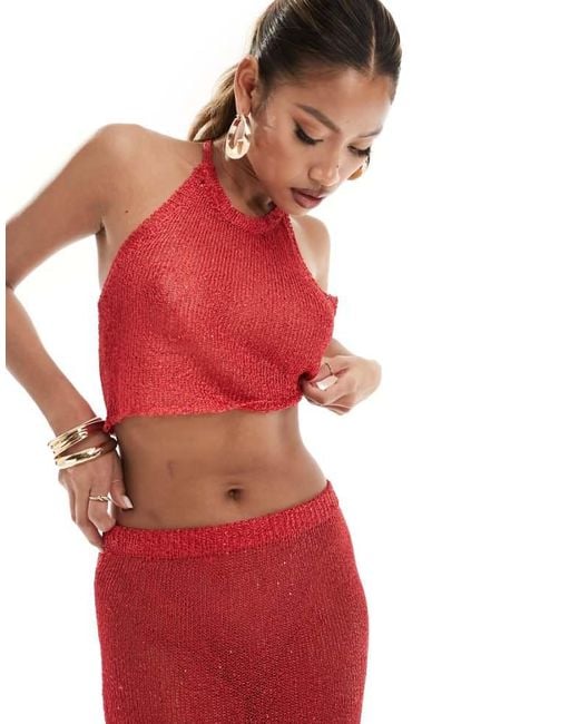 In The Style Red X Perrie Sian Exclusive Fine Knit Sequin Halterneck Crop Top Co-Ord
