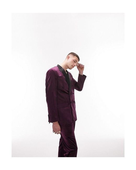 Topman Purple Slim Double Breasted Velvet Suit Jacket for men