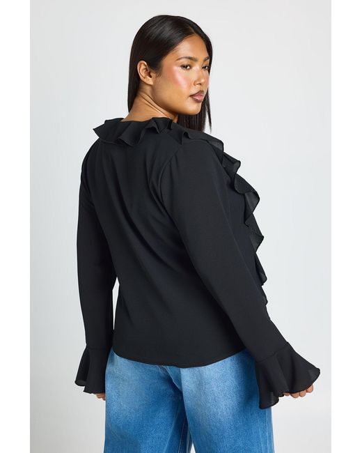 Boohoo Black Plus Tie Front Ruffle Blouse