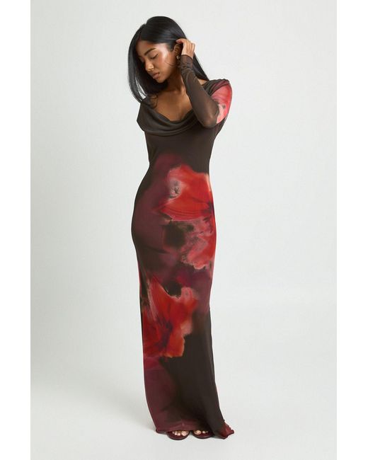 Boohoo Red Floral Mesh Wide Cowl Printed Maxi Dress