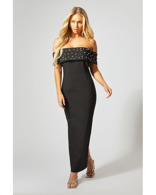 MissPap Black Bardot Pearl Embellished Maxi Dress