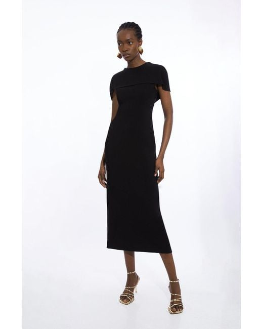 Karen Millen Black Compact Stretch Viscose Back Drape Tailored Midi Dress