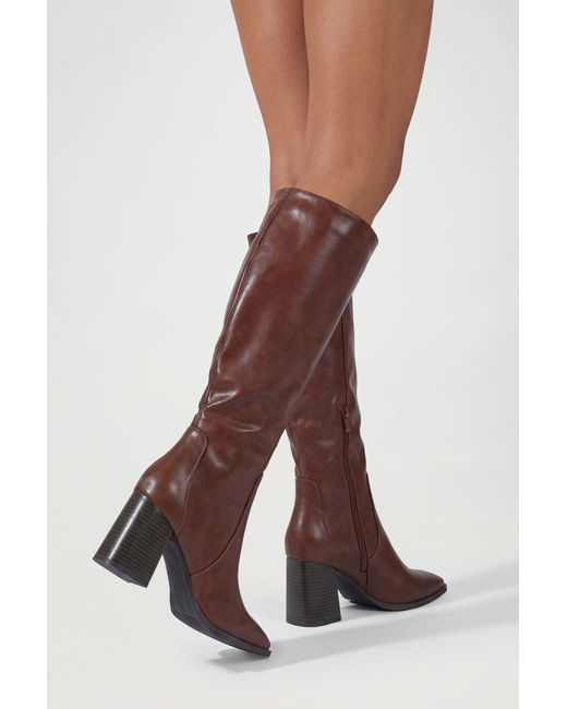 Boohoo Brown Round Toe Block Heel Knee High Boots