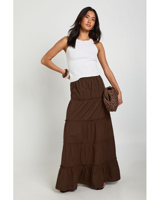 Boohoo Brown Tiered Cotton Poplin Maxi Skirt
