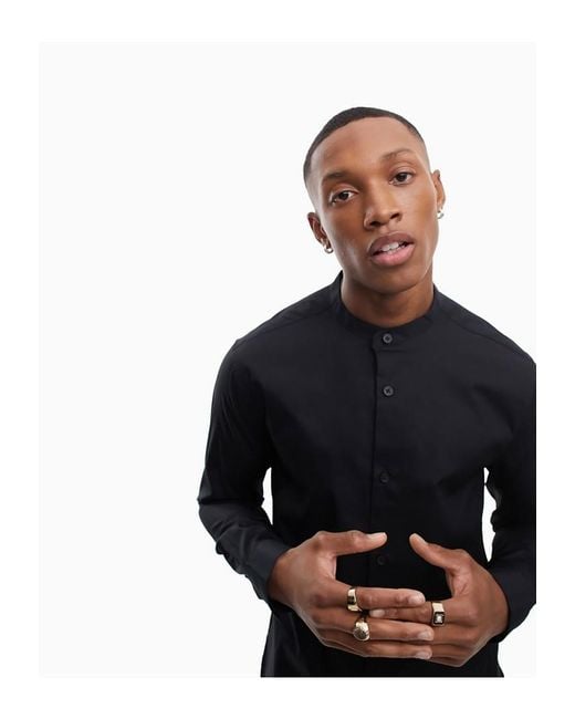 ASOS Longline Shirt With Grandad Collar in Blue for Men Lyst UK