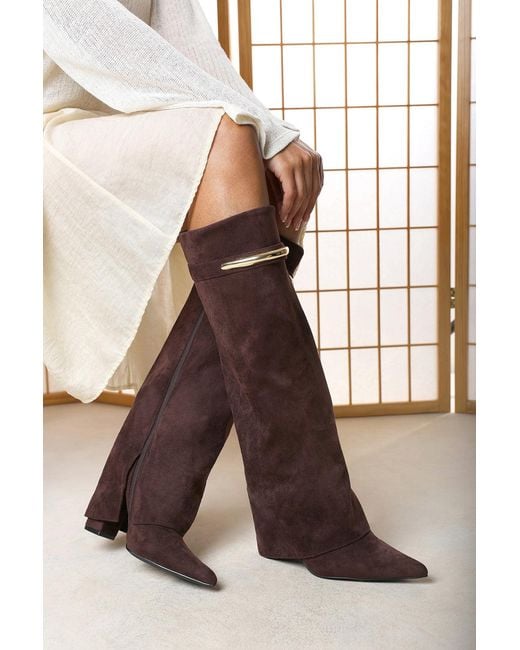 Where's That From Brown Wheres Nareva Fold Over Shark Block Heel Point Toe Boots With Trim Detail
