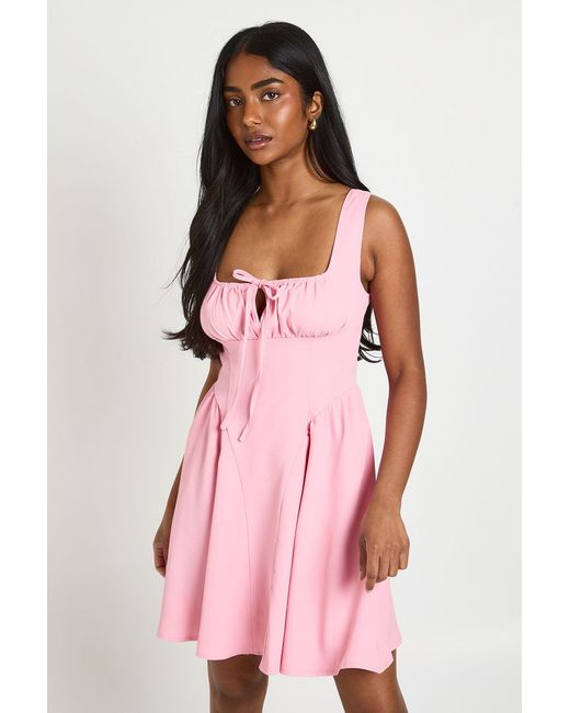 Boohoo Pink Tie Front Ruched Bust Mini Dress