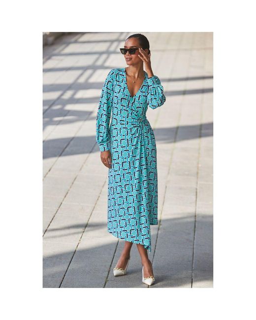 Sosandar Blue Geometric Print Blouson Sleeve Wrap Jersey Midi Dress