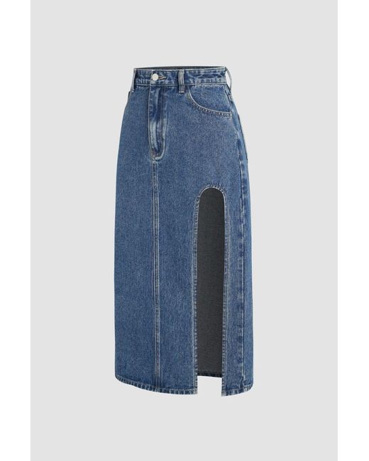 Hiccup Blue Denim Midi Skirt With Slit