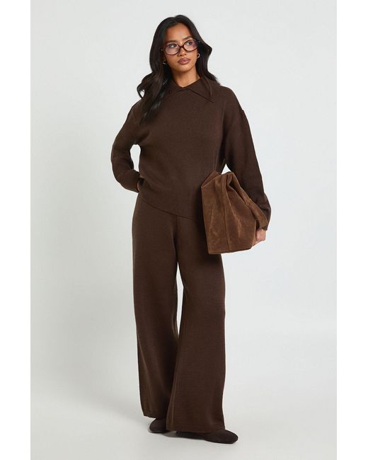 Boohoo Brown Petite Chunky Knit Collar Detail Oversized Jumper And Wide Leg Trouser Co-Ord