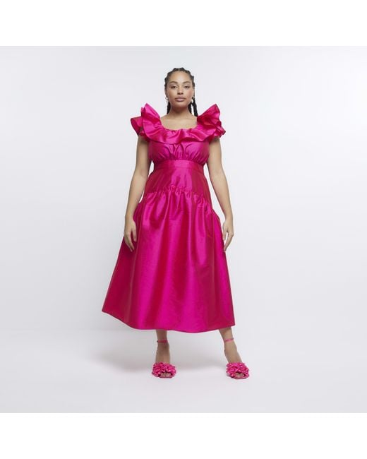 River Island Pink Midi Dress Plus Puff Sleeve