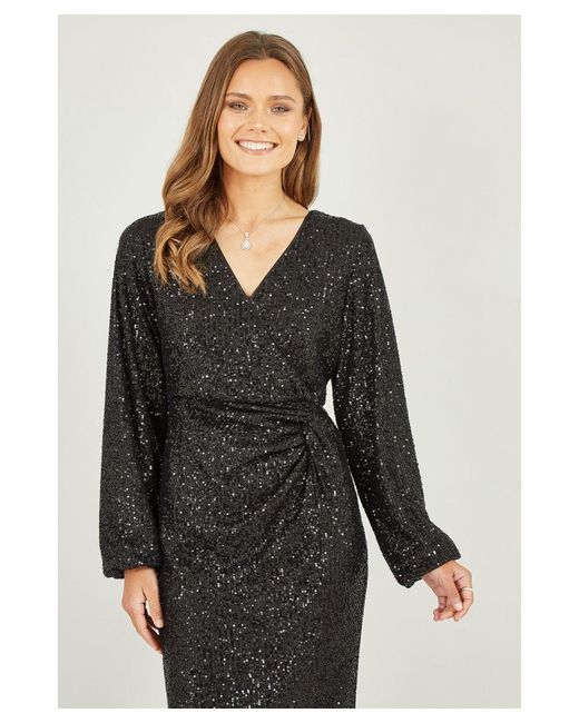 Yumi' Black Sequin Ruched Wrap Long Sleeve Dress