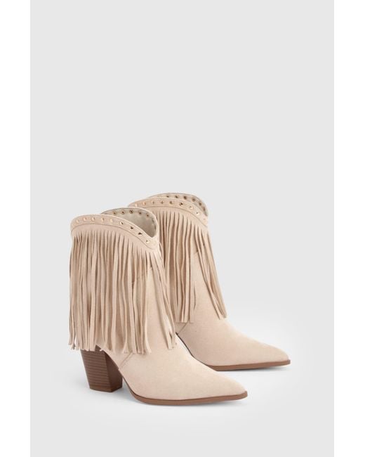 Boohoo Natural Faux Suede Fringe And Stud Detail Ankle Western Boots