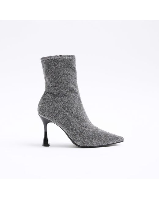 River Island Gray Ankle Boots Wide Fit Glitter Heeled Textile