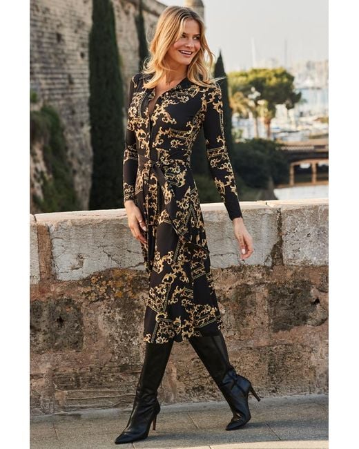 Sosandar Black Baroque Print Midi Shirt Jersey Dress
