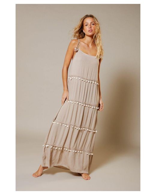 Warehouse Brown Crinkle Viscose Shell Tiered Maxi Dress