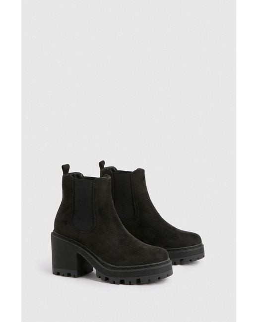Boohoo Black Faux Suede Chunky Block Heel Chelsea Boots