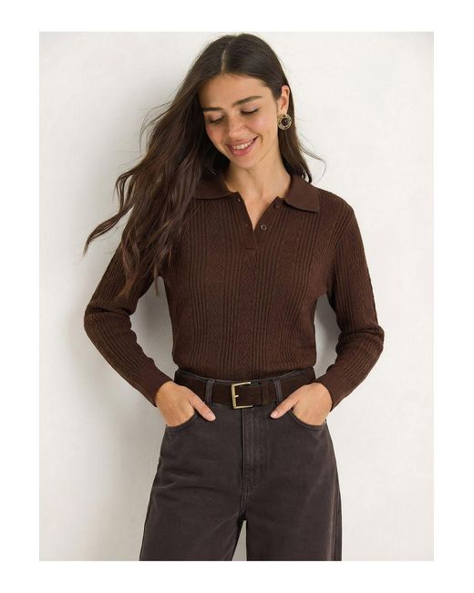 Bianco Lucci Brown Textured Polo Collar Sweater