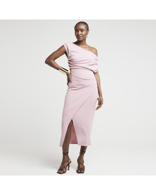River Island Pink Bodycon Midi Dress Drape Off Shoulder