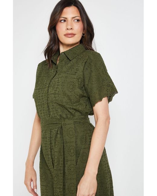 Wallis Green Broderie Belted Midi Shirt Dress
