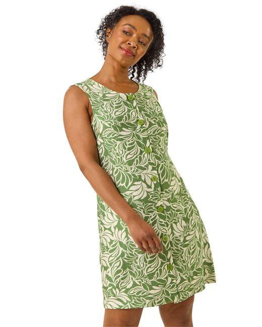Roman Green Petite Leaf Print Buttoned A-Line Dress