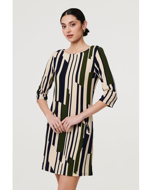 Izabel London Green Printed Stripe Texture Short Shift Dress