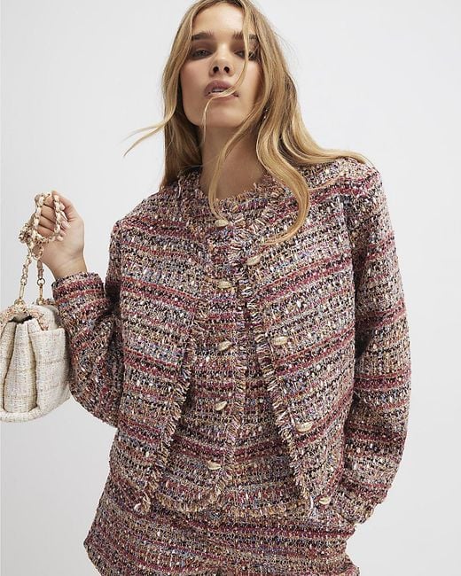 River Island Brown Bomber Jacket Boucle Cropped
