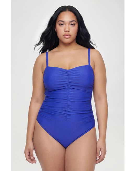 Boohoo Blue Plus Tummy Control Ruched Front Tie Detail Swimsuit