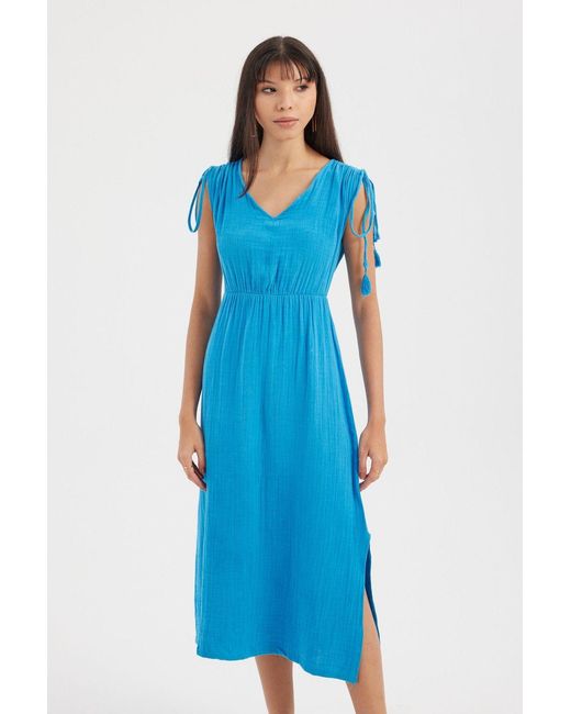 Hiccup Blue V Neck Side Slit Cap Sleeve Midi Dress With A Tie Detail