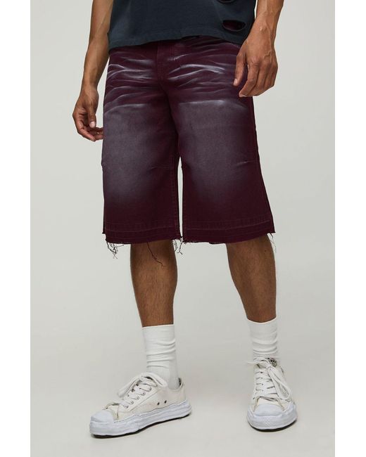 BoohooMAN Red Longline Extreme Washed Denim Jorts for men