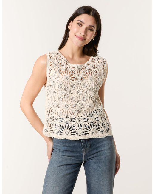 Blue Vanilla Natural Crochet Top With Sequins