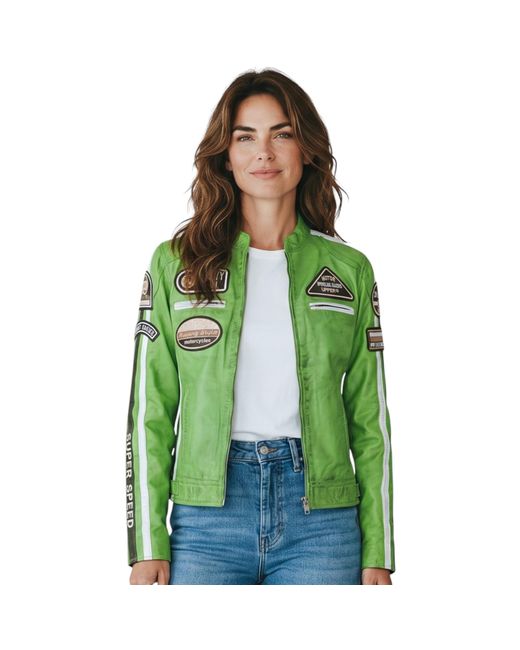 Infinity Leather Green Biker Racing Badges Jacket-Incheon Lamb Leather