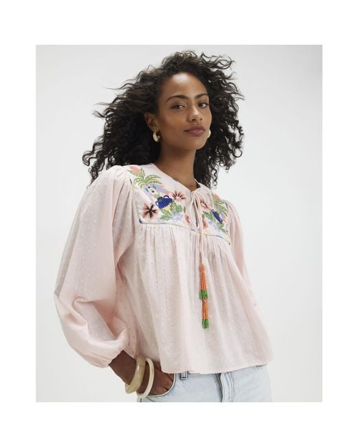 River Island Pink Blouse Tropical Embroidered Smock Cotton