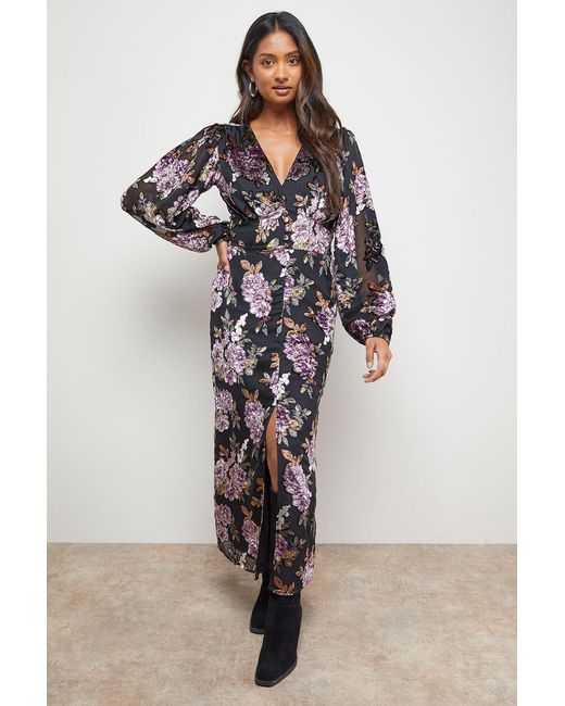 Oasis Multicolor Devore V Neck Puff Sleeve Midi Tea Dress