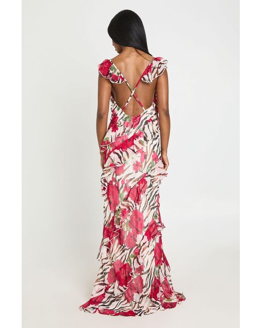 Boohoo Red Chiffon Ruffle Floral Zebra Polka Dot Maxi Dress
