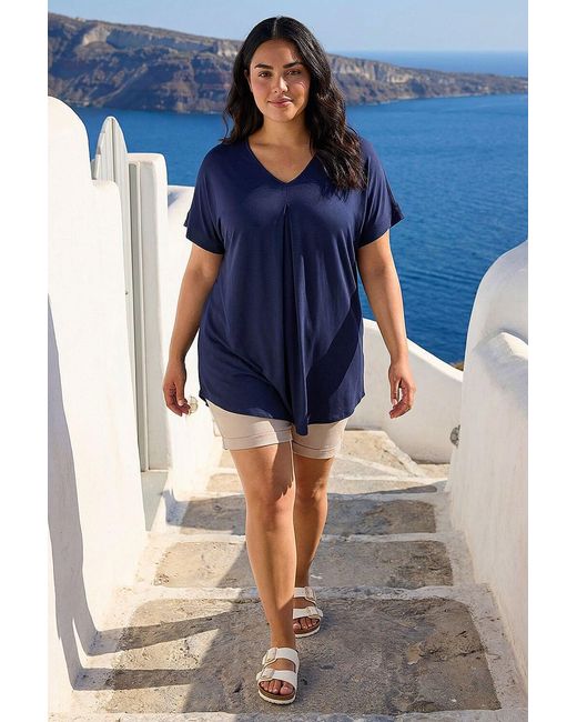 Roman Blue Curve Plain Pleat Front V-Neck Stretch Top