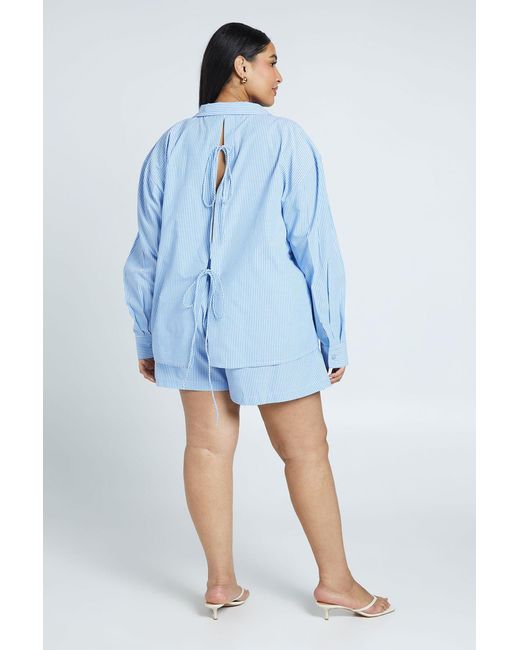 Boohoo Blue Plus Tie Back Detail Oversized Shirt And Short Co Ord