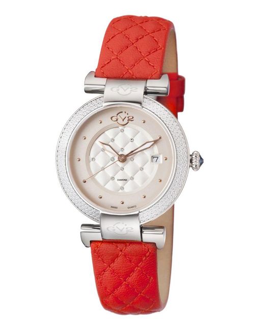 Gv2 Red Berletta Dial Quilted Strap Watch Leather